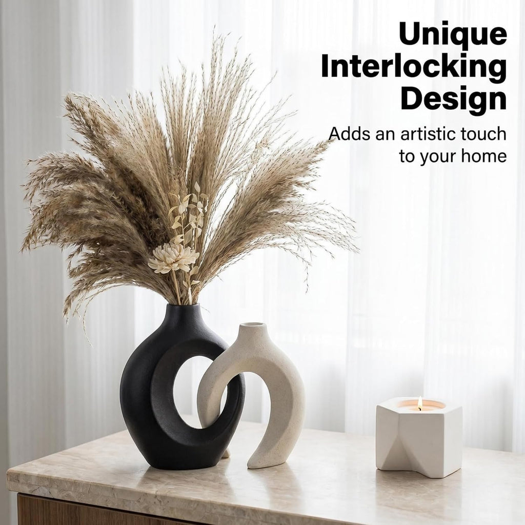 Black and Off-White Hollow Ceramic Vase Set of 2, Nordic Minimalist Aesthetic Snuggle Vases for Table Centerpiece Dining Living Room Book Shelf Decoration (W 6.3" X H 8.4")