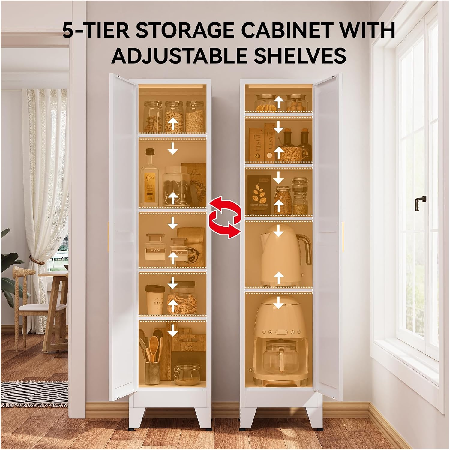 67" Tall Storage Cabinet with Reversible Doors and Adjustable Shelves,Metal Slim Freestanding Cabinet for Bathroom Kitchen Garage Small Spaces,White1 Pack