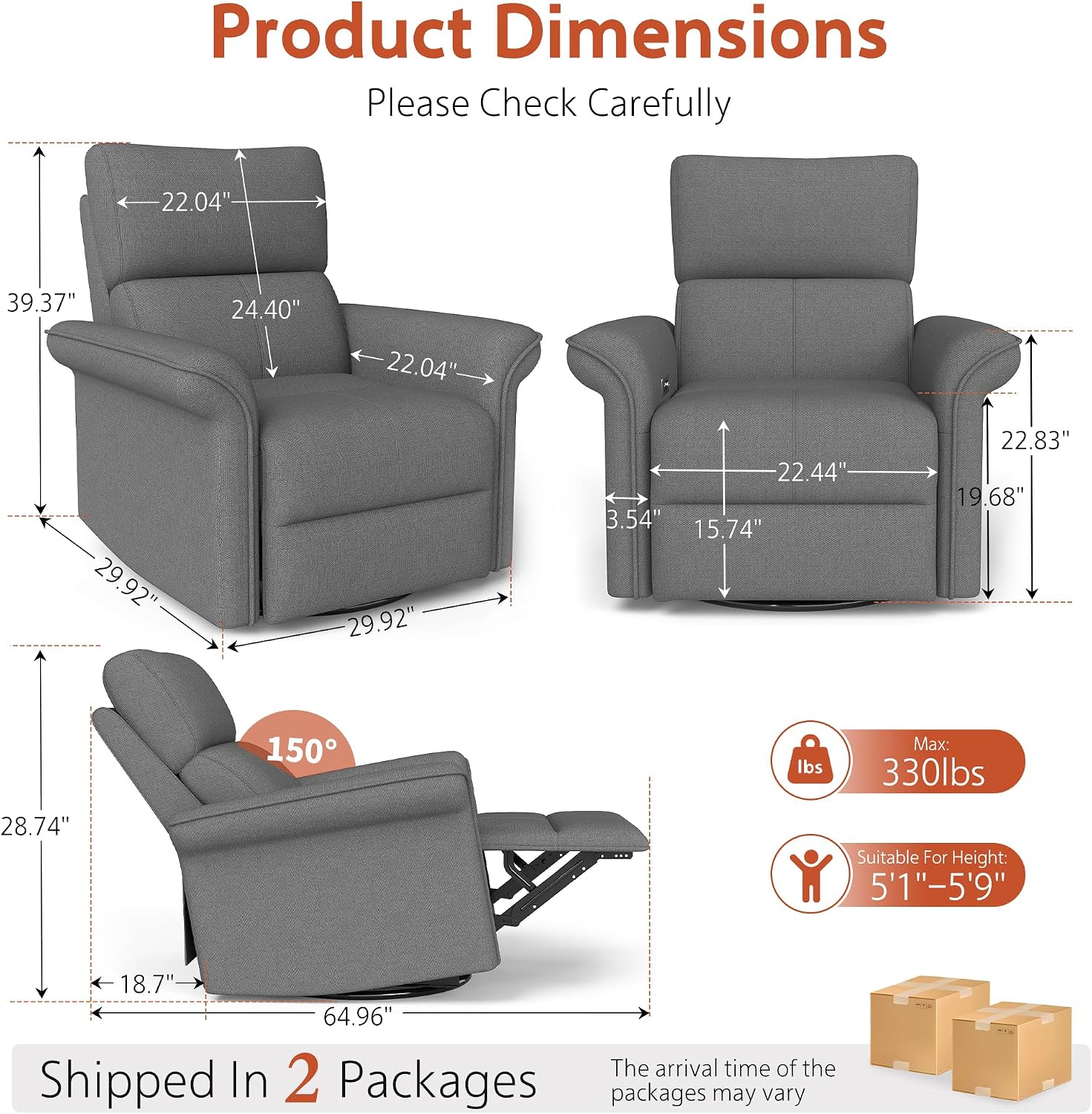 Rocker Chair, Nursery, Dark Gray Fabric Chair, 270 Degree Glider Rocking Chair with 150 Degree Recline, Wide Arms for Living Room Bedroom