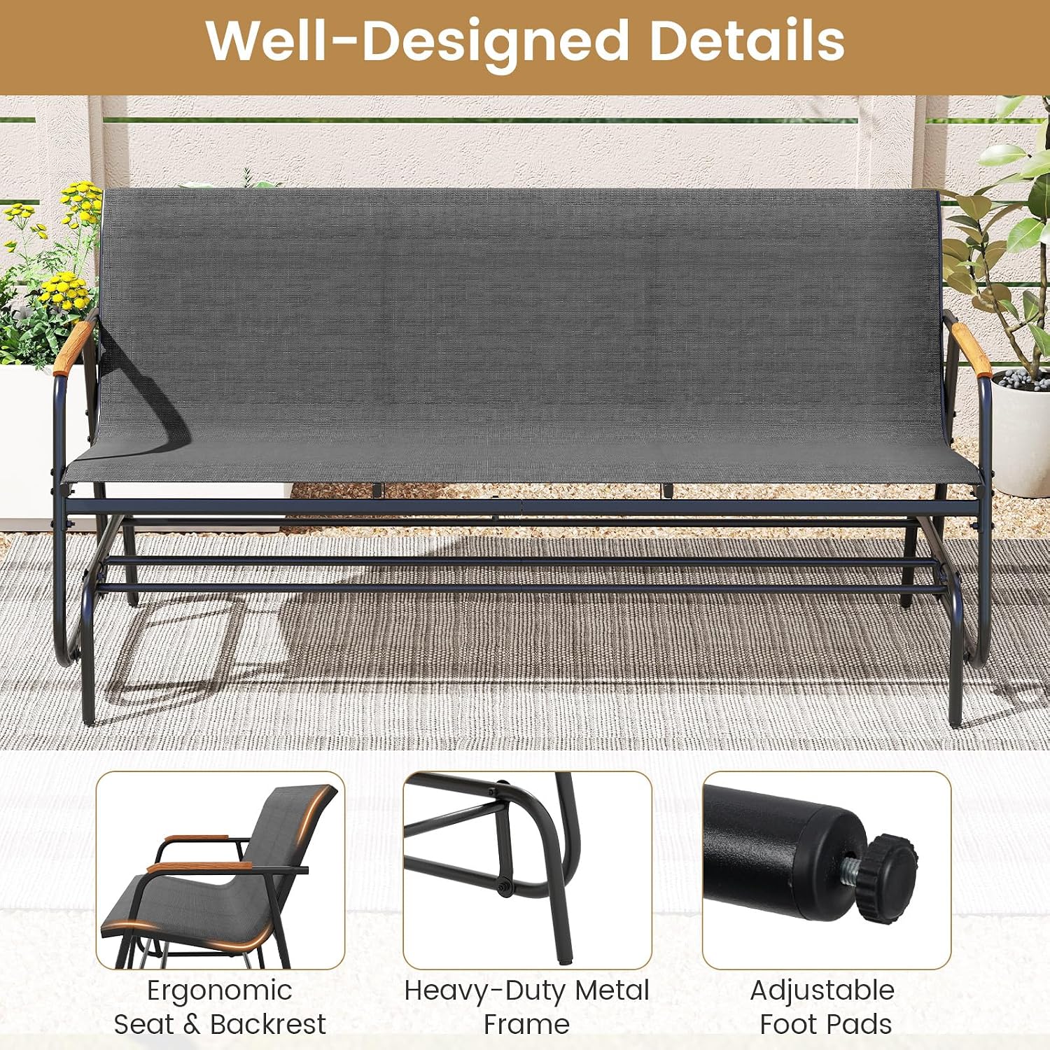 Tangkula 3-Person Outdoor Glider Bench, Patio Gliding Loveseat with Breathable Fabric Seat, Curved Teak Wood Armrests and Metal Frame, Swing Rocking Chair for Backyard (Grey, 3 Seat)