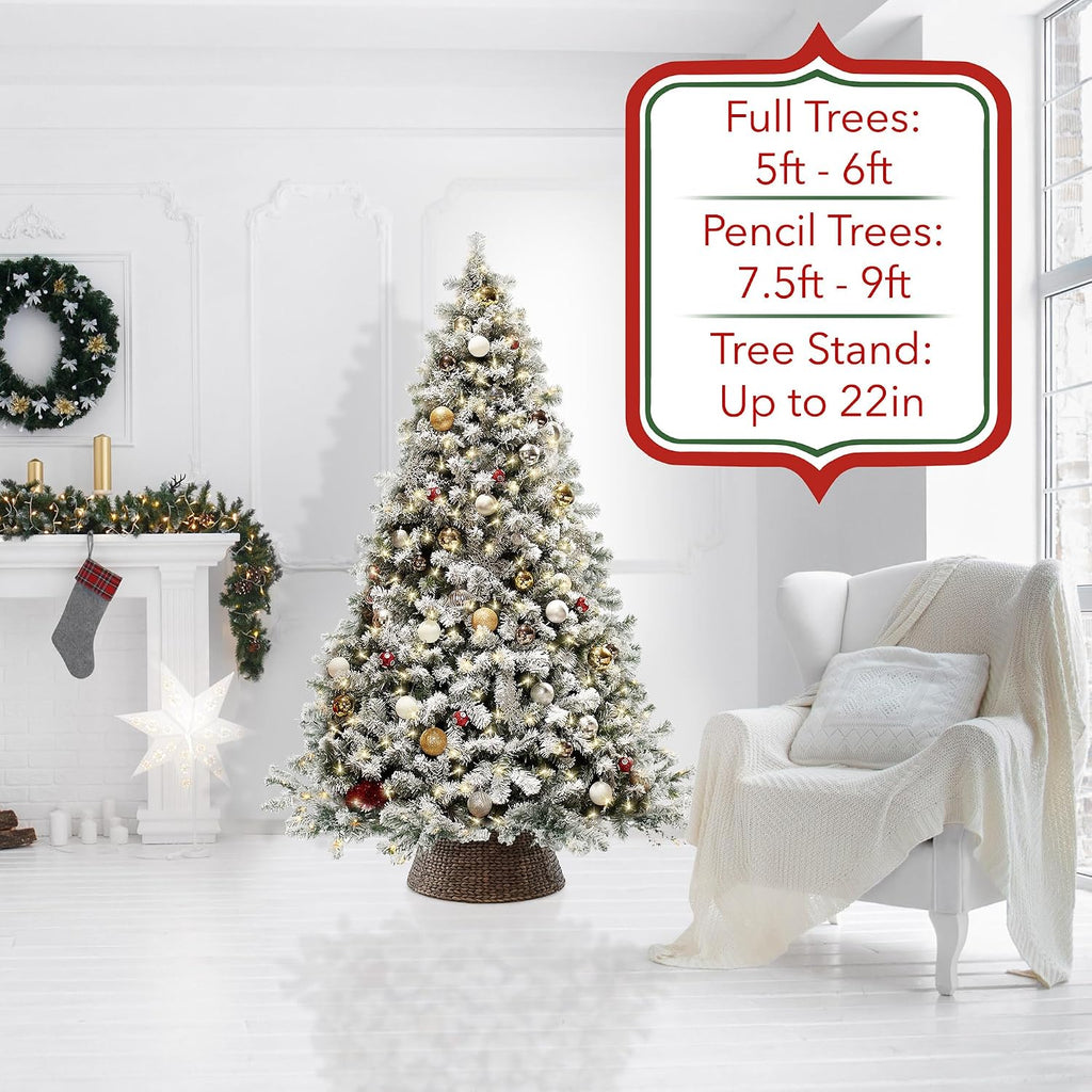 Casafield 24-Inch Christmas Tree Collar, Woven Water Hyacinth Tree Base Cover with Cord Cut Out, Espresso