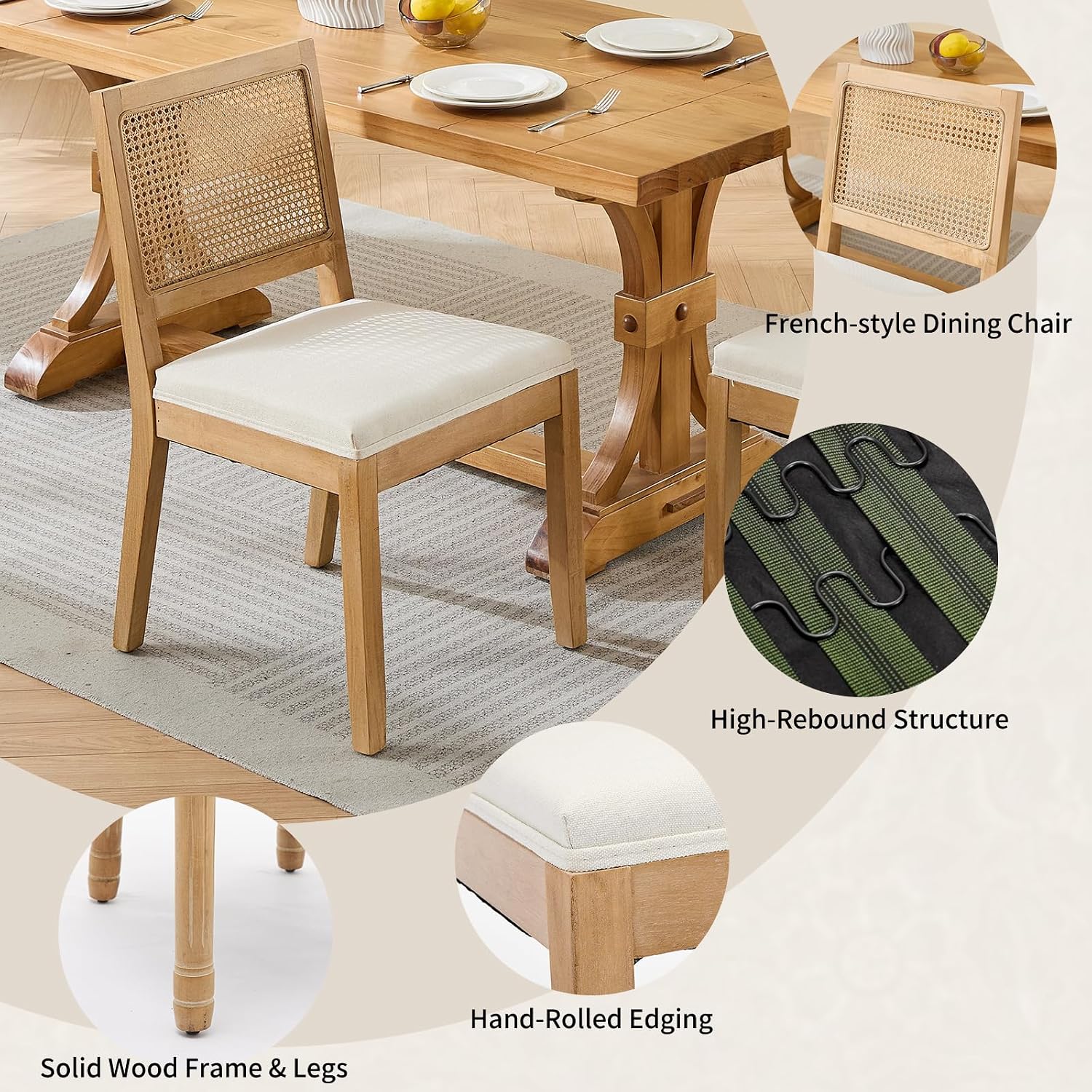 Vintage French Country Dining Chairs Set of 4, Rattan Dining Chairs with a Low Square Back, Beige 4 Dining Chair Set, Sillas para Comedor, Kitchen & Dining Room Chair (Beige, 4Pcs)