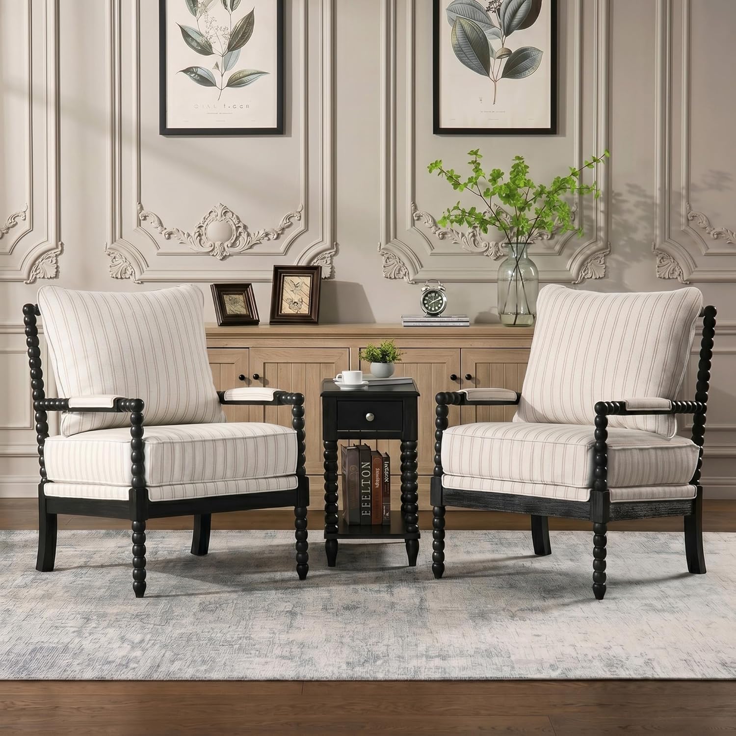 DUHOME Linen Fabric Spindle Accent Chair Set of 2,Bobbin Chair with High Resilience Spring Cushion and Armrest Pads, Leisure Armchair for Living Room Bedroom Farmhouse Home Office Belcony