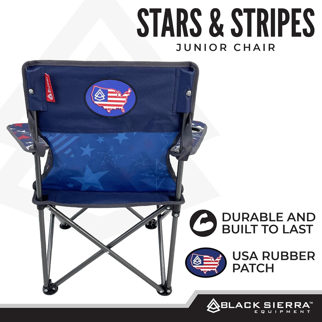 Black Sierra Kids Patriotic Camping Chair, Folding USA Flag Seat for Children, Supports 150 lbs, Portable Outdoor Chair with Carry Bag and Cupholder for Ages 3–10 for Beach, Sports, Travel, Backyard