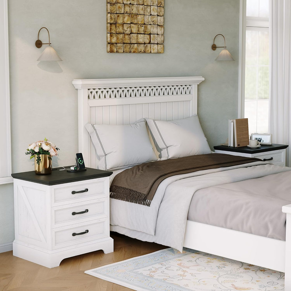 Garvee Modern Farmhouse Nightstand with Charging Station & 3 Large Drawers, Rustic 24.8 Inch Wide End Side Table Retro Wood Big Nightstand Beside Table for Living Room Bedroom, White