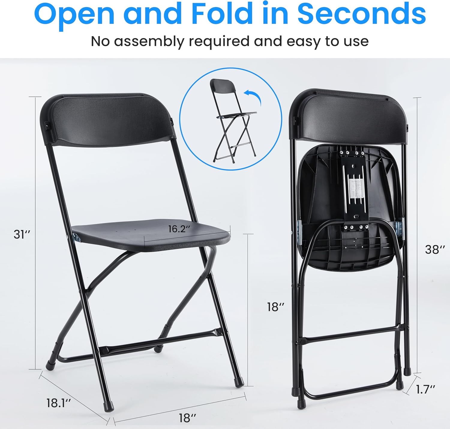 HealSmart 10-Pack Plastic Folding Chair, Portable Chair with Metal Frame, 330lb Capacity, Foldable and Stackable Chairs for Wedding, Party, Picnic, Office, Indoor/Outdoor Dining, Black