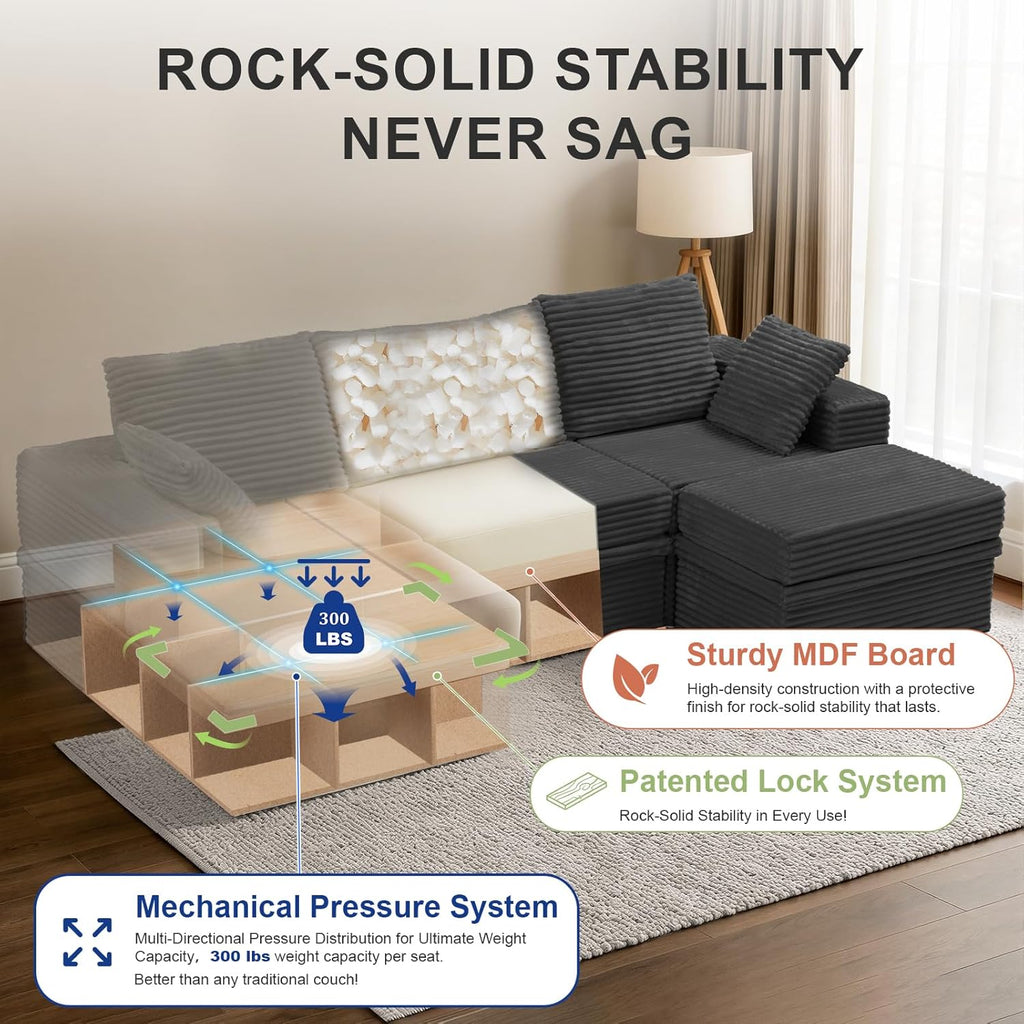 107'' Modular Sectional Sofa, Deep Seat Boneless Couch with Storage | Oversized High-Back for Living Room & RV | With Ottoman | High Density Foam & Corduroy | Tool-Free Assembly | Cozy Dark Gray