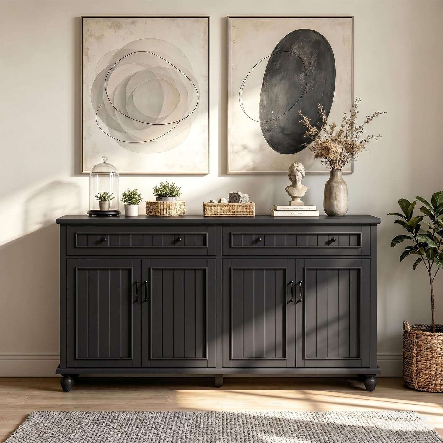 Scurrty Sideboard Buffet Cabinet, 62'' Large Storage Cabinet with Drawers and 4 Doors, Vintage Coffee Bar Cabinets with Adjustable Shelf for Kitchen, Living Room, Black