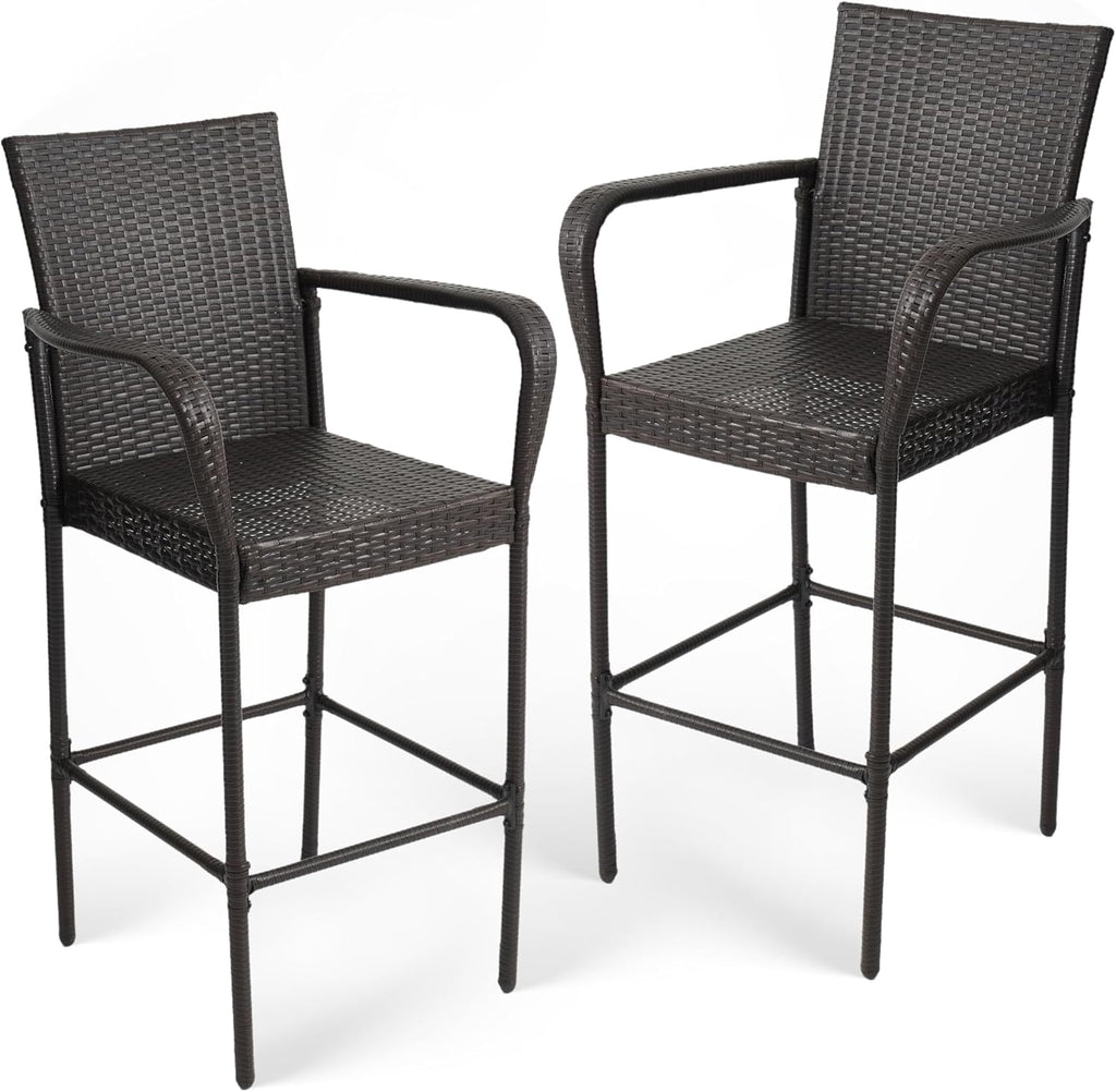 Outdoor Bar Stools Set of 2, Patio Bar Stools with Armrests, All Weather Wicker Rattan Bar Chairs with Backrest for Backyard, Garden, Pool, Balcony and Deck (Brown)
