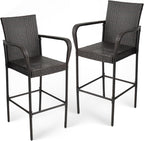 Outdoor Bar Stools Set of 2, Patio Bar Stools with Armrests, All Weather Wicker Rattan Bar Chairs with Backrest for Backyard, Garden, Pool, Balcony and Deck (Brown)