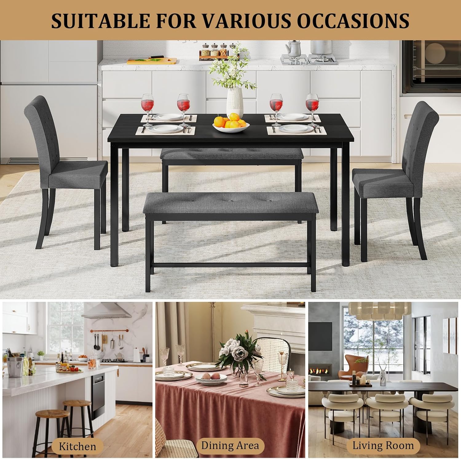 Rovibek Dining Table Set for 6, Rectangle Kitchen Table Set with 2 Upholstered Chairs & 2 Benches, 5-Piece Space Saving Dinner Table & Chairs Set for Dining Room, Kitchen, Restaurant, Grey & Black