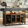 Loomie Bar Table Cabinet with Grey Marble Top & LED Lights & 2 Drawers, Home Bar Unit with Adjustable Shelf & Footrest, 41.3" Counter Height Pub Table, Wine Liquor Bar for Home Pub (Rustic Brown)