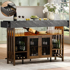 Loomie Bar Table Cabinet with Grey Marble Top & LED Lights & 2 Drawers, Home Bar Unit with Adjustable Shelf & Footrest, 41.3" Counter Height Pub Table, Wine Liquor Bar for Home Pub (Rustic Brown)