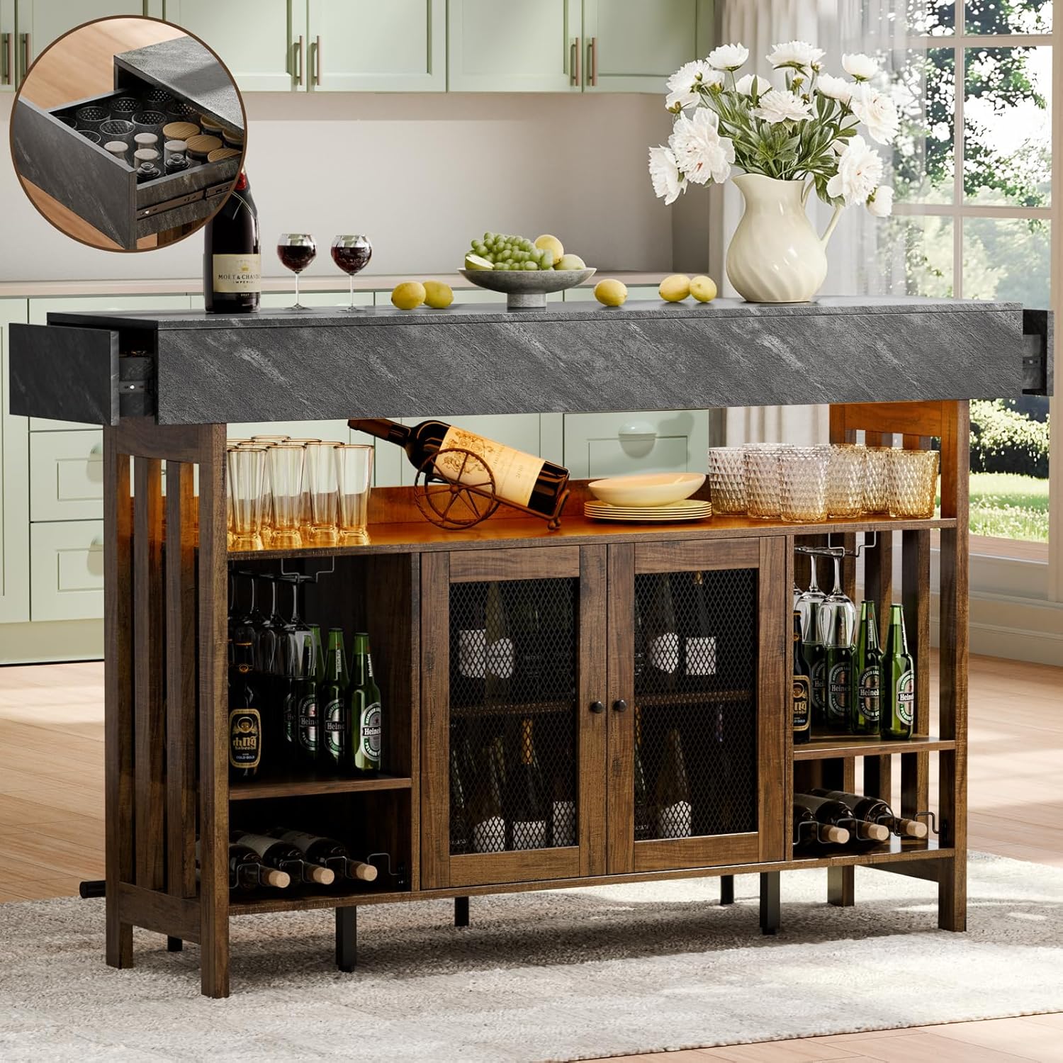 Loomie Bar Table Cabinet with Grey Marble Top & LED Lights & 2 Drawers, Home Bar Unit with Adjustable Shelf & Footrest, 41.3" Counter Height Pub Table, Wine Liquor Bar for Home Pub (Rustic Brown)