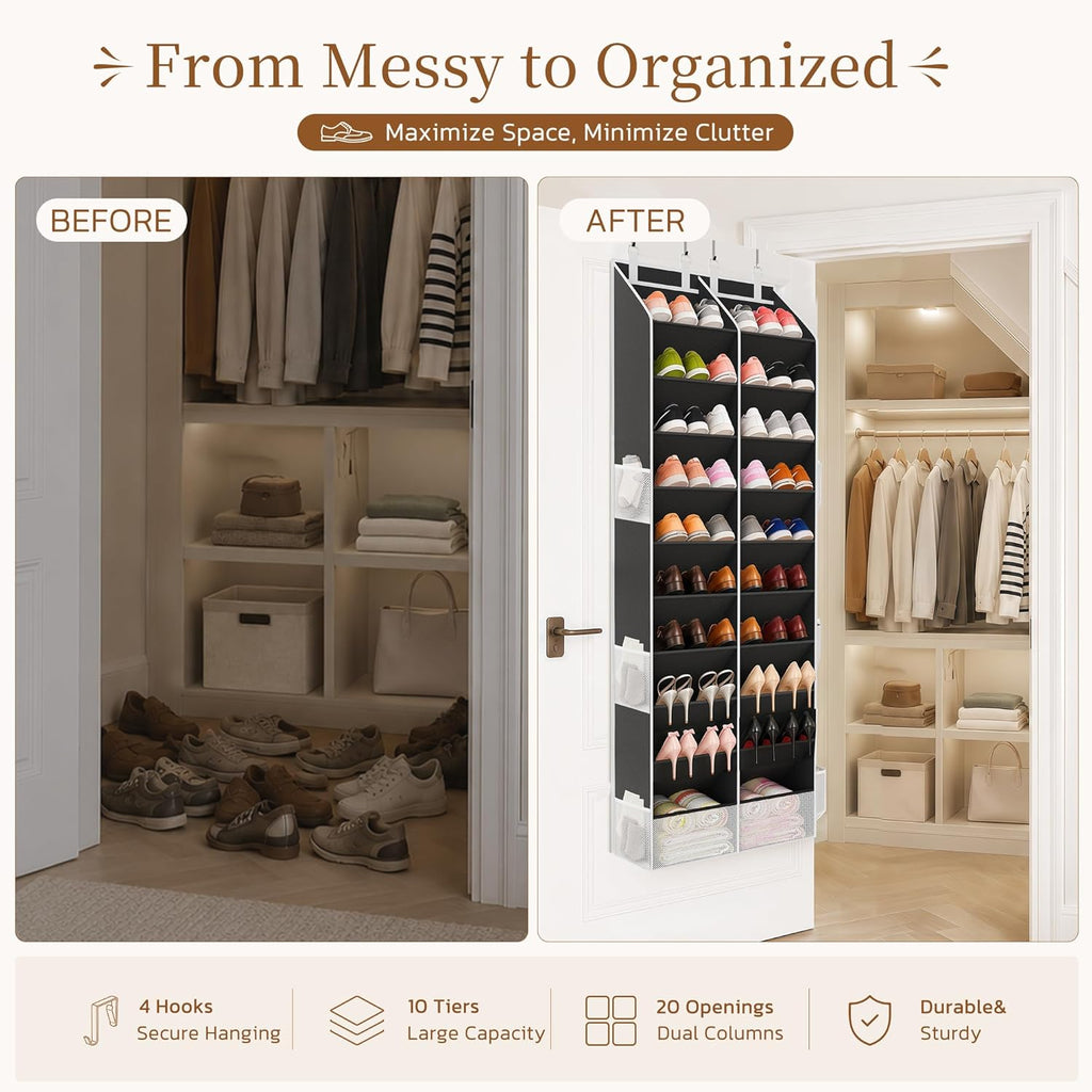 Criusia Over the Door Shoe Organizer, 20-30 Pairs Heavy-Duty Hanging Shoe Storage with Large Pockets, 10-Tier Door Shoe Rack with 4 Hooks for Sneakers Sandals Heels Boots (Black)