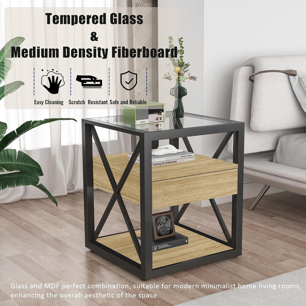 Bellemave 1 piece Small End Table with Drawer, Nightstand for Bedroom & Living Room, Wood MDF &Tempered Glass, Metal Frame, Industrial Style Side Table,Easy Assemble, Natural