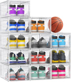 XX-Large Clear Shoe Storage Boxes with Magnetic Door, Thickened Stackable Shoe Organizer 12 Pack, Sneaker Display Case for Closet Organization & Entryway Storage, Dust-Proof Space Saving System, White