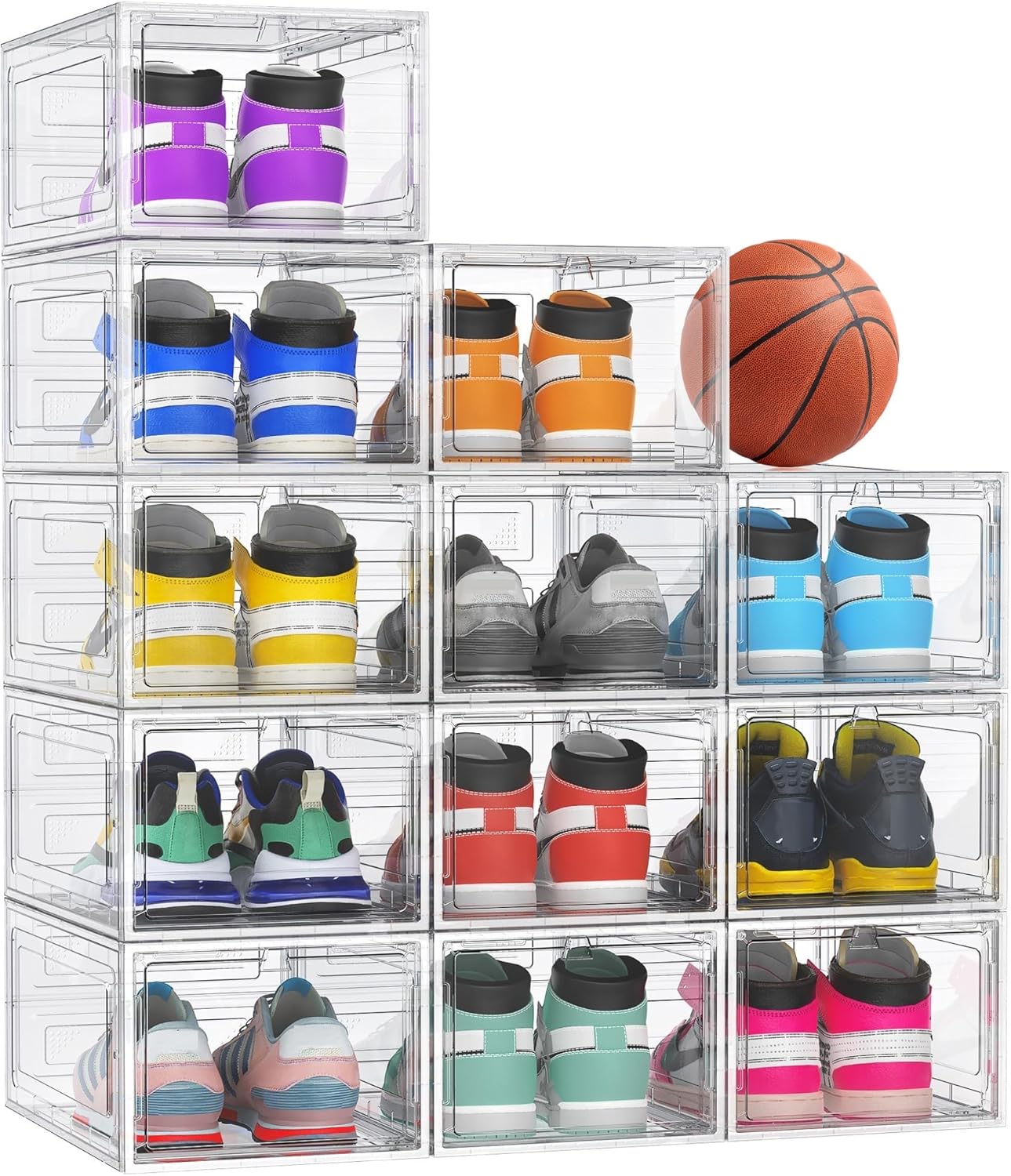 XX-Large Clear Shoe Storage Boxes with Magnetic Door, Thickened Stackable Shoe Organizer 12 Pack, Sneaker Display Case for Closet Organization & Entryway Storage, Dust-Proof Space Saving System, White