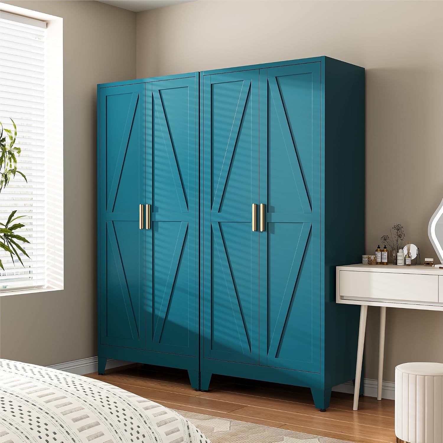 Metal Armoire Wardrobe Closet, Blue Farmhouse Storage Cabinet with Adjustable Shelves and Hanging Rod, 2 Doors Steel Wardrobe Cabinet Storage Clothes Closet foe Bedroom office School Dormitorio Gym