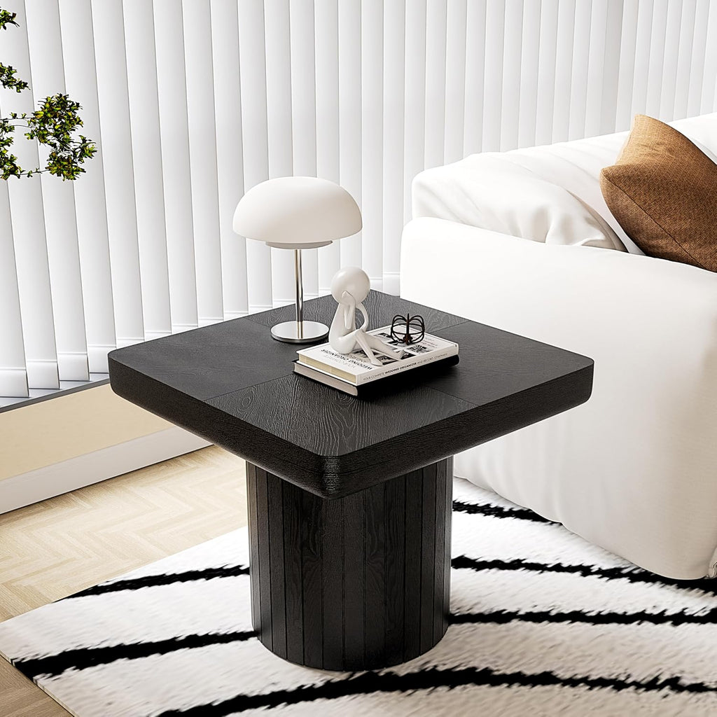 GOWE 23.6'' Modern Solid Wood Veneer End Table, Minimalist Square Side Table with Parquet Pattern, Grooved Cylindrical Base & Thickened Tabletop, Compact Accent Table for Living Room, Matte