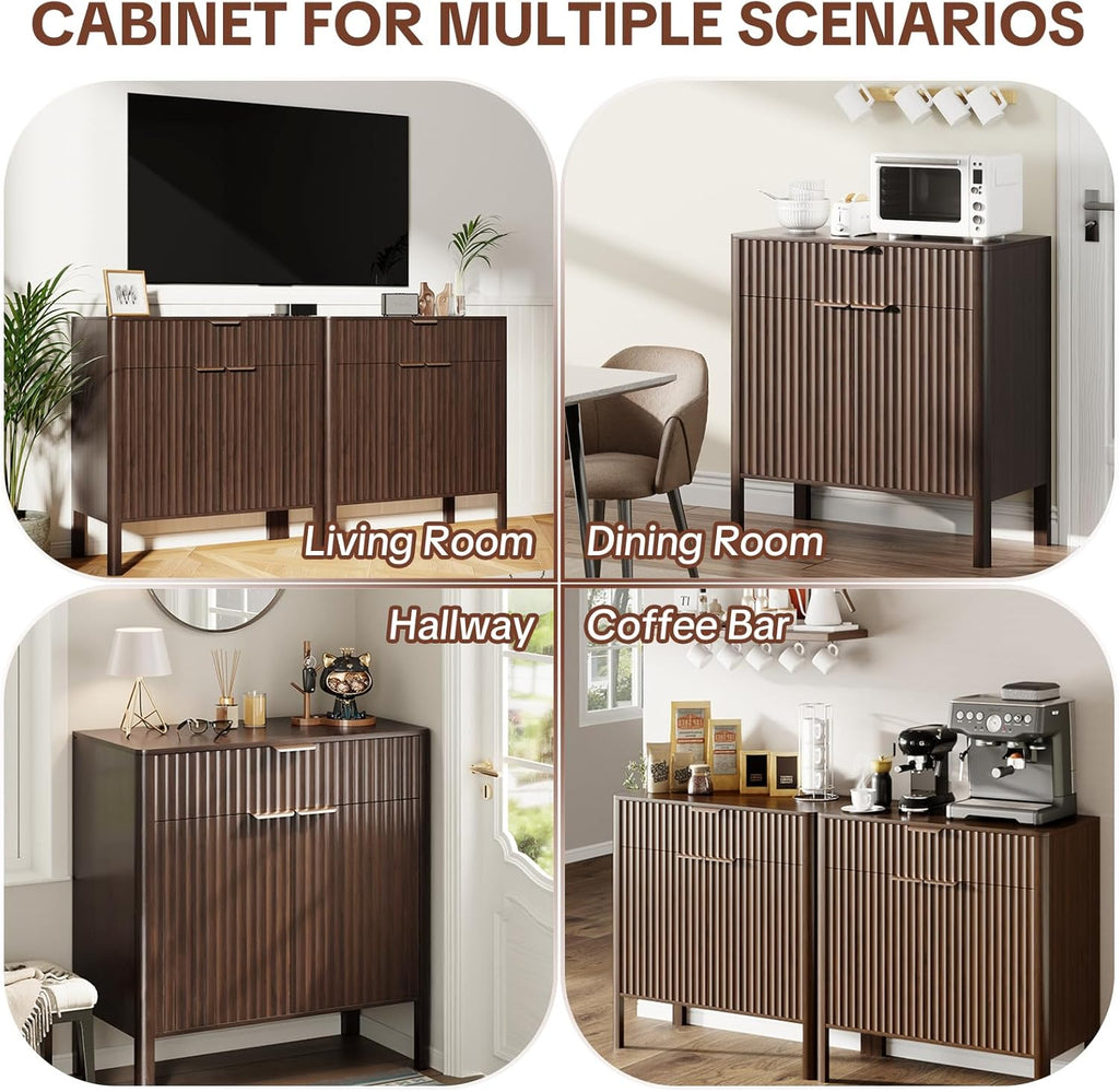 Fluted Buffet Cabinet with Storage - Modern Sideboard Accent Credenza with Doors & Drawer Wood Console Coffee Table Bar Counter for Living Room Kitchen Dining Room Entryway, Easy Assembly 31" Walnut
