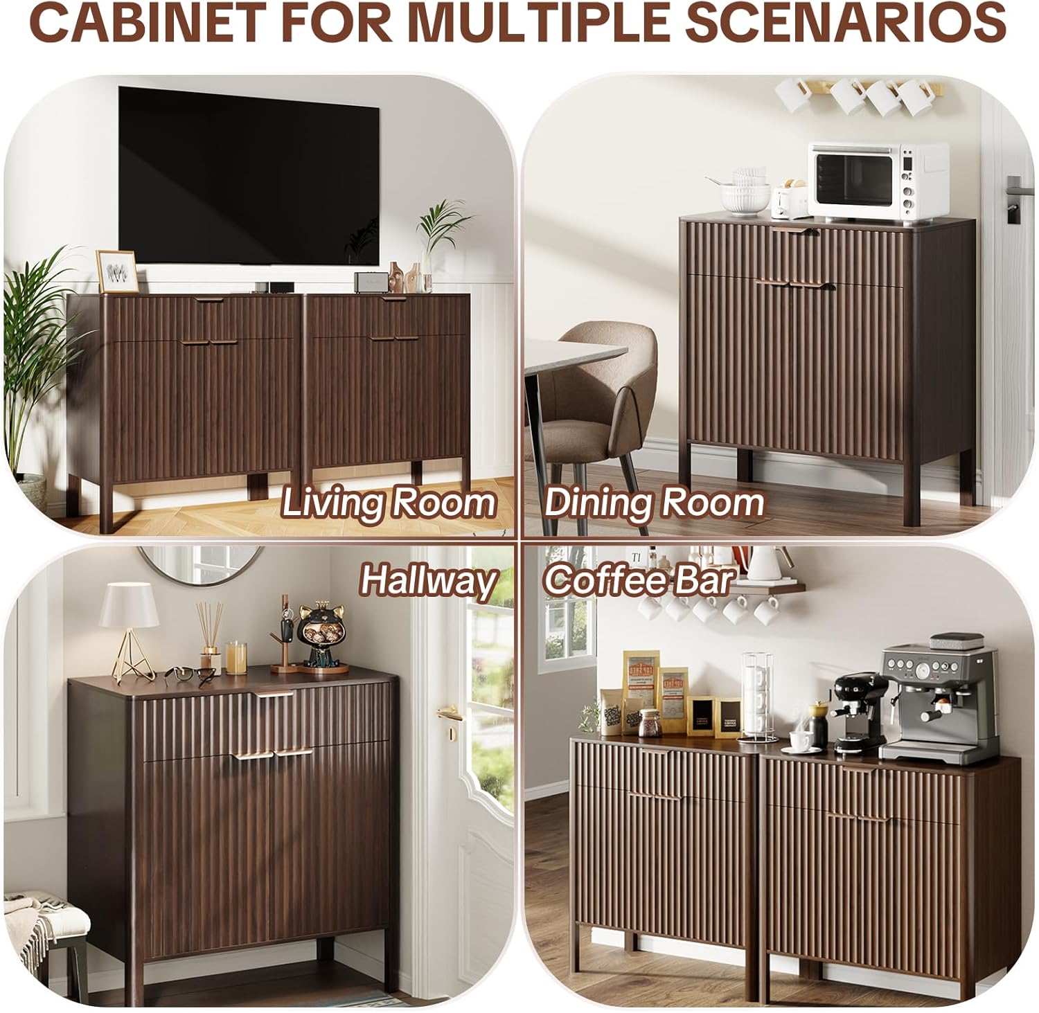 Fluted Buffet Cabinet with Storage - Modern Sideboard Accent Credenza with Doors & Drawer Wood Console Coffee Table Bar Counter for Living Room Kitchen Dining Room Entryway, Easy Assembly 31" Walnut