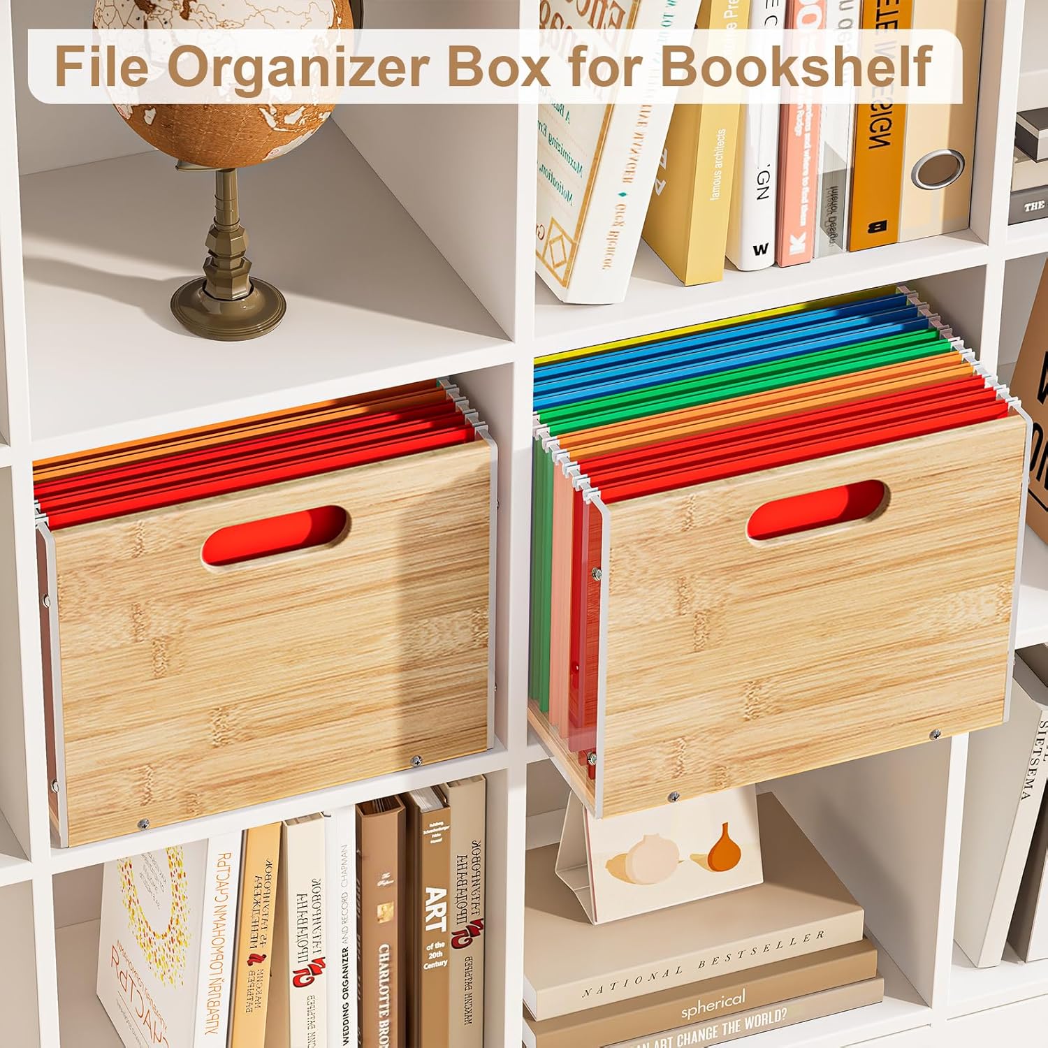 Sbanmao 2 Pack Hanging File Organizer, Clear Acrylic File Box Organizer, Bamboo Filing Box File Crate Storage Boxes, Portable Filing Organizer with Handle for Letter Size