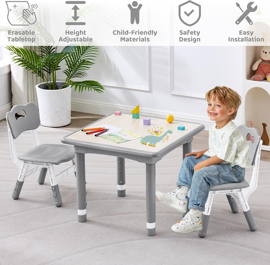 DOREROOM Kids Table and 2 Chairs Set, Height Adjustable (17.7"-26.1") Toddler Table and Chair Set, Multi-Activity Table with Graffiti Desktop, Children’s Table and Chairs for Classroom, Home & Daycare