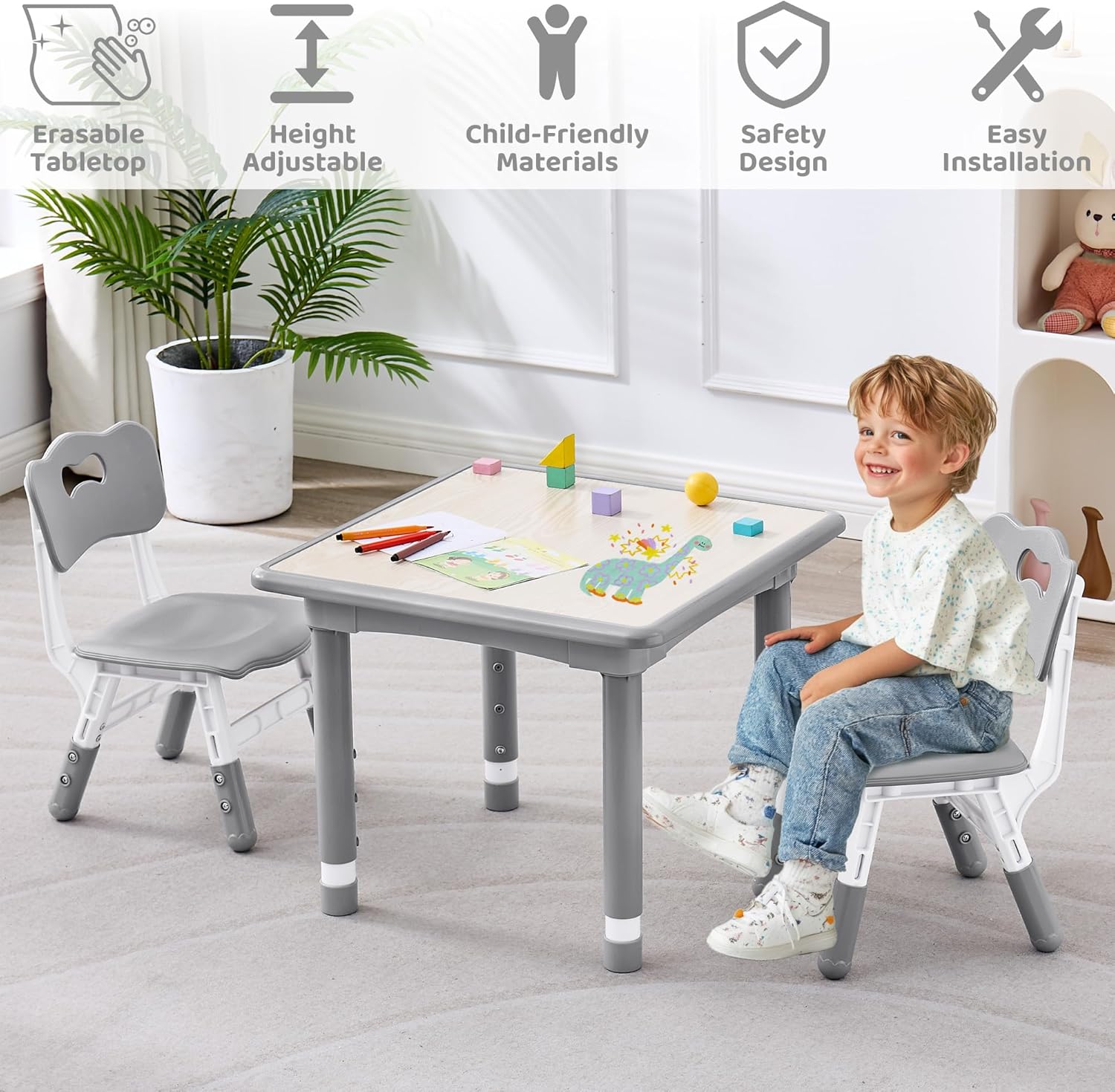 DOREROOM Kids Table and 2 Chairs Set, Height Adjustable (17.7"-26.1") Toddler Table and Chair Set, Multi-Activity Table with Graffiti Desktop, Children’s Table and Chairs for Classroom, Home & Daycare