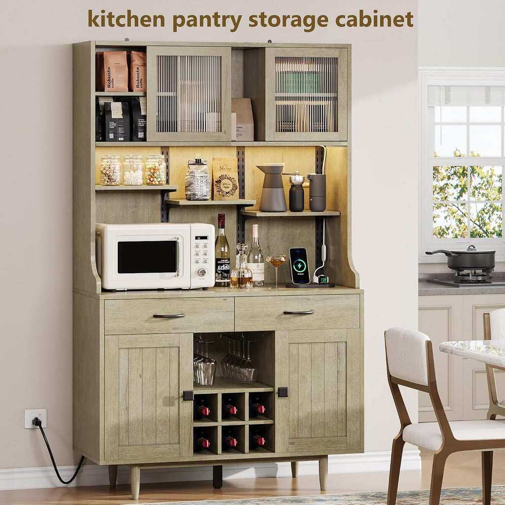 Einhomn 71" Kitchen Pantry Cabinet with UL Charging Station, 3 Adjustable Shelves, App-Dimmable LED Light, Wine Rack, Farmhouse Style, Buffet Cabinet for Kitchen/Dining/Living, Natural Wood
