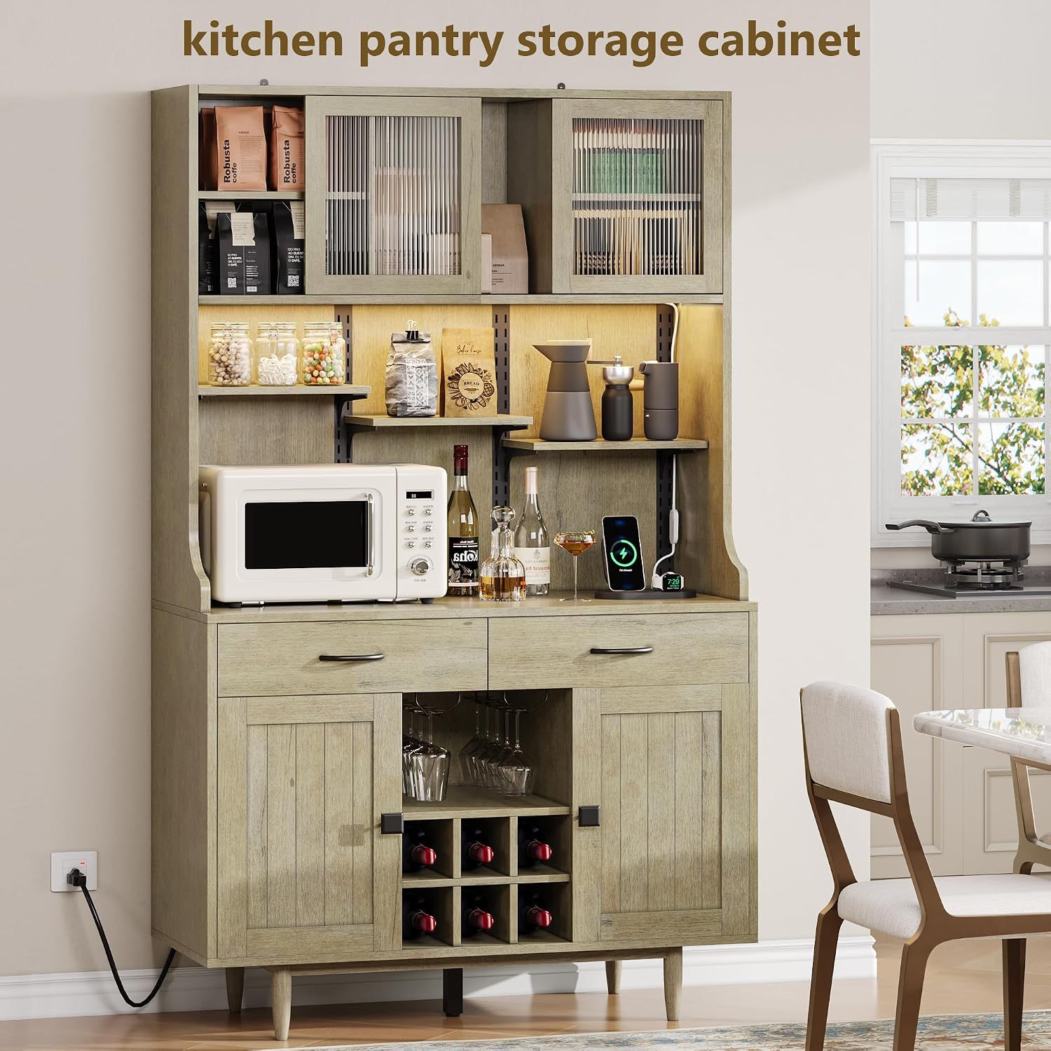 Einhomn 71" Kitchen Pantry Cabinet with UL Charging Station, 3 Adjustable Shelves, App-Dimmable LED Light, Wine Rack, Farmhouse Style, Buffet Cabinet for Kitchen/Dining/Living, Natural Wood