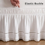 MIYE Wrap Around Ruffled Lace Bed Skirt, Elastic Dust Ruffle with Adjustable Belts, Easy to Put On, Bed Frame Cover, Machine Washable (Floral Lace/White, King/Queen-15 Drop)