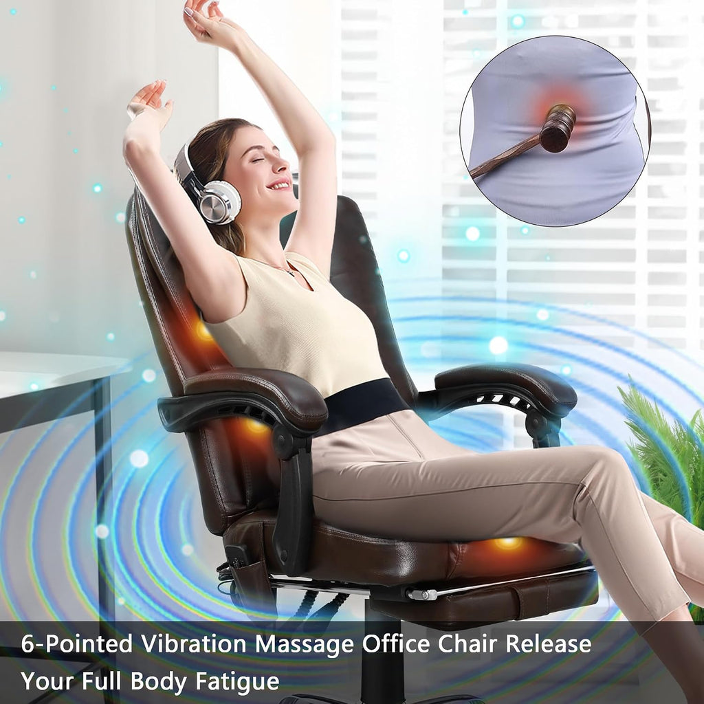 NOBLEMOOD 6-Point Massage Office Chair, Big and Tall Executive Office Desk Chair with Heating Function, PU Leather Ergonomic Office Chair with Footrest, Adjustable Height & Reclining Backrest