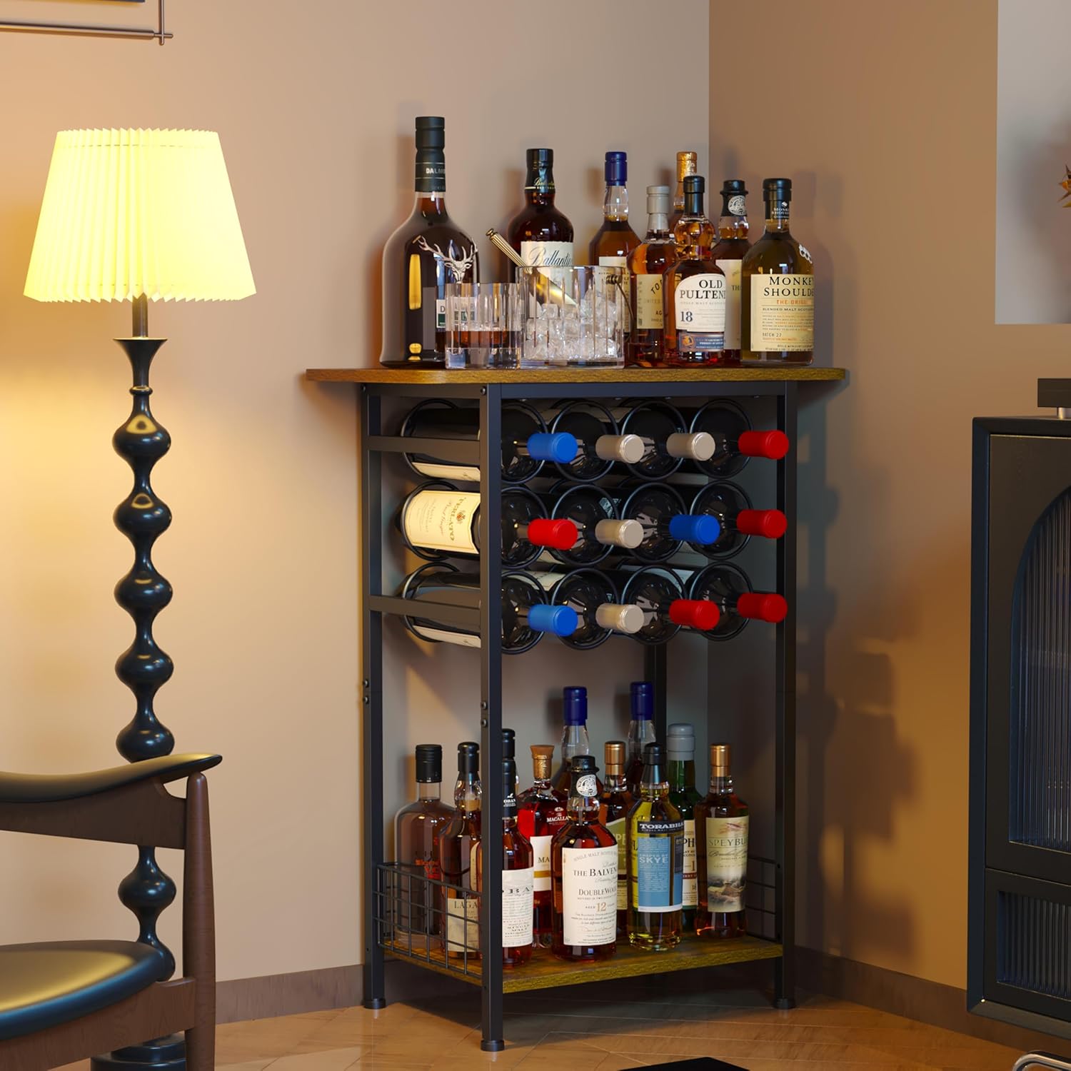 3-Tier Wine Rack Freestanding Floor Cabinet Corner Bar Cabinet Bar Cart,12 Individual Wine Storage Bottle Compartments Corner Bar Cabinet Holder,Wood + Black Frame Liquor Cabinet,Small Shelf For Homes