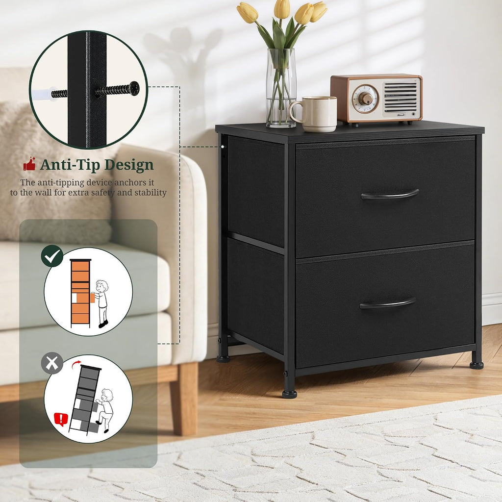 Nightstand Set of 2, Small 2 Drawer Dresser End Table Bedside Furniture, Wooden Top Fabric Bins for Bedroom, Closet, Entryway, Dorm, 11.8" D x 18" W x 20", Black