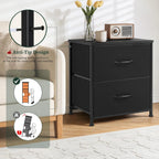 Nightstand Set of 2, Small 2 Drawer Dresser End Table Bedside Furniture, Wooden Top Fabric Bins for Bedroom, Closet, Entryway, Dorm, 11.8" D x 18" W x 20", Black