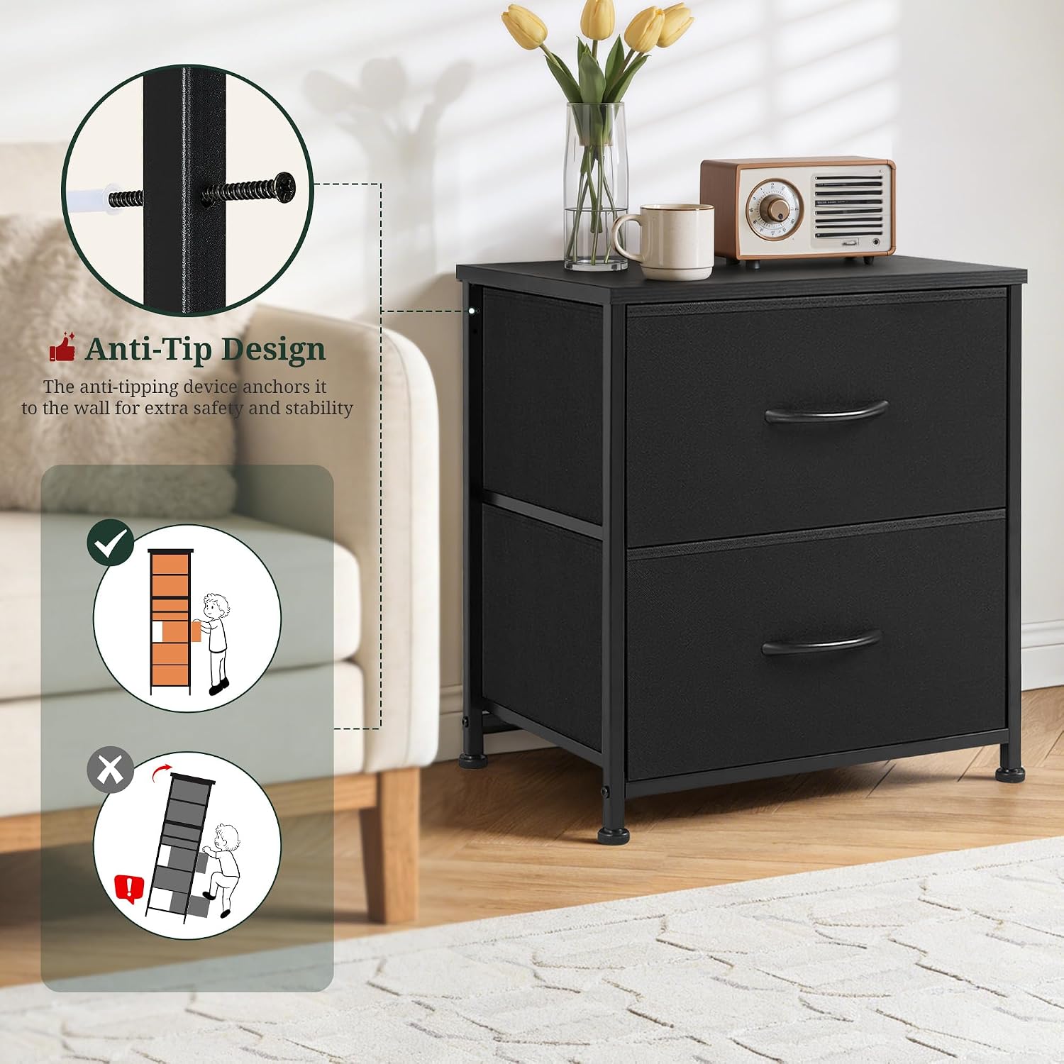 Nightstand Set of 2, Small 2 Drawer Dresser End Table Bedside Furniture, Wooden Top Fabric Bins for Bedroom, Closet, Entryway, Dorm, 11.8" D x 18" W x 20", Black