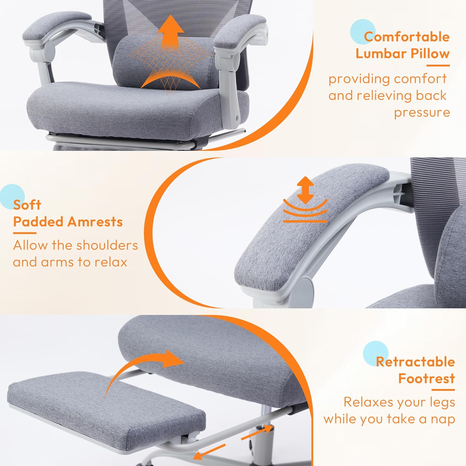 Ergonomic Office Chair with Footrest, Comfortable Desk Chair Gaming Chair with Leg Rest, Swivel Mesh Desk Chair with Headrest and Lumbar Support for Home, Office, Work, Study, Grey