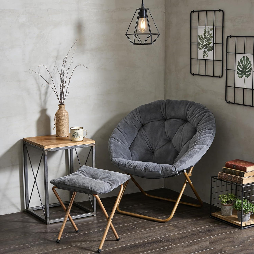 Magshion Folding Saucer Chair for Adults with Ottoman, Circle Reading Chair for Bedroom, Living Room & Dorm, Furry Comfy Accent Seat with Metal Leg & Thick Padded for Small Spaces (Grey, 2 Pack)