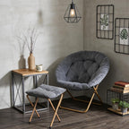 Magshion Folding Saucer Chair for Adults with Ottoman, Circle Reading Chair for Bedroom, Living Room & Dorm, Furry Comfy Accent Seat with Metal Leg & Thick Padded for Small Spaces (Grey, 2 Pack)