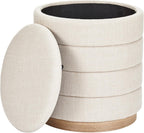 Round Storage Ottoman, Small Linen Upholstery Footrest Still with Foam Padded Seat for Living Room Bedroom, Beige