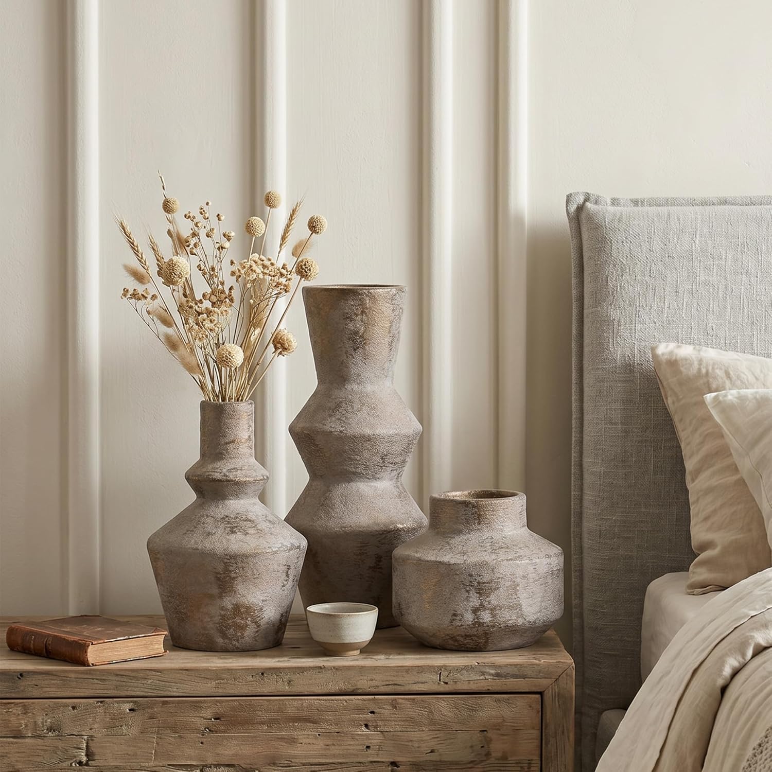 DREAMLOOM Ceramic Vase Set of 3, Modern Rustic Flower Vases for Pampas Grass, Dried & Fresh Flowers, Farmhouse Home Decor Vase for Living Room Bedroom Kitchen Shelf Centerpiece, Classic