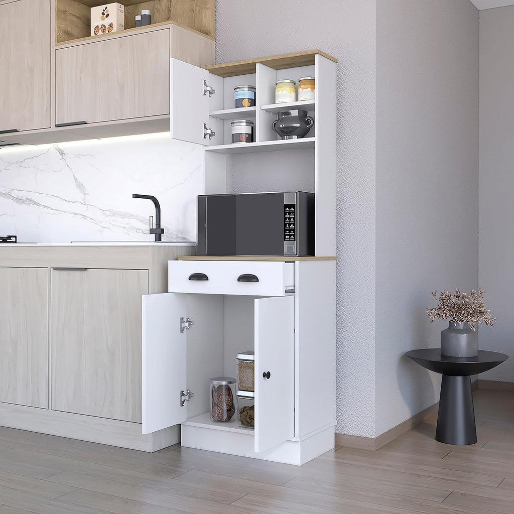 2-Door Cabinet Microwave Kitchen Pantry in White and Macadamia,Buffet Kitchen Sideboard,for Kitchen,Dining Room,13.78 * 23.62 * 66.54