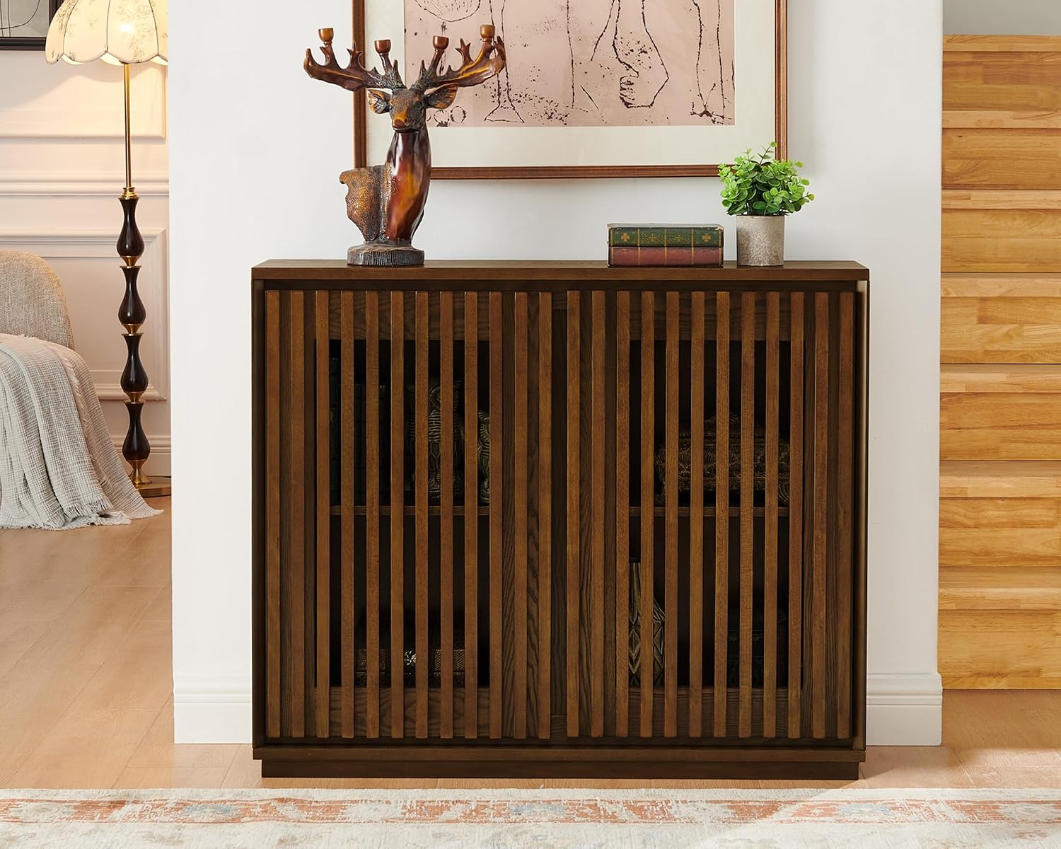 LKTART Mid Century Modern Sideboard Buffet Storage Cabinet, Narrow Credenza Entryway Cabinet with 2 Doors,Media Console Table for Living Room,Hallway-Walnut,2 Piece
