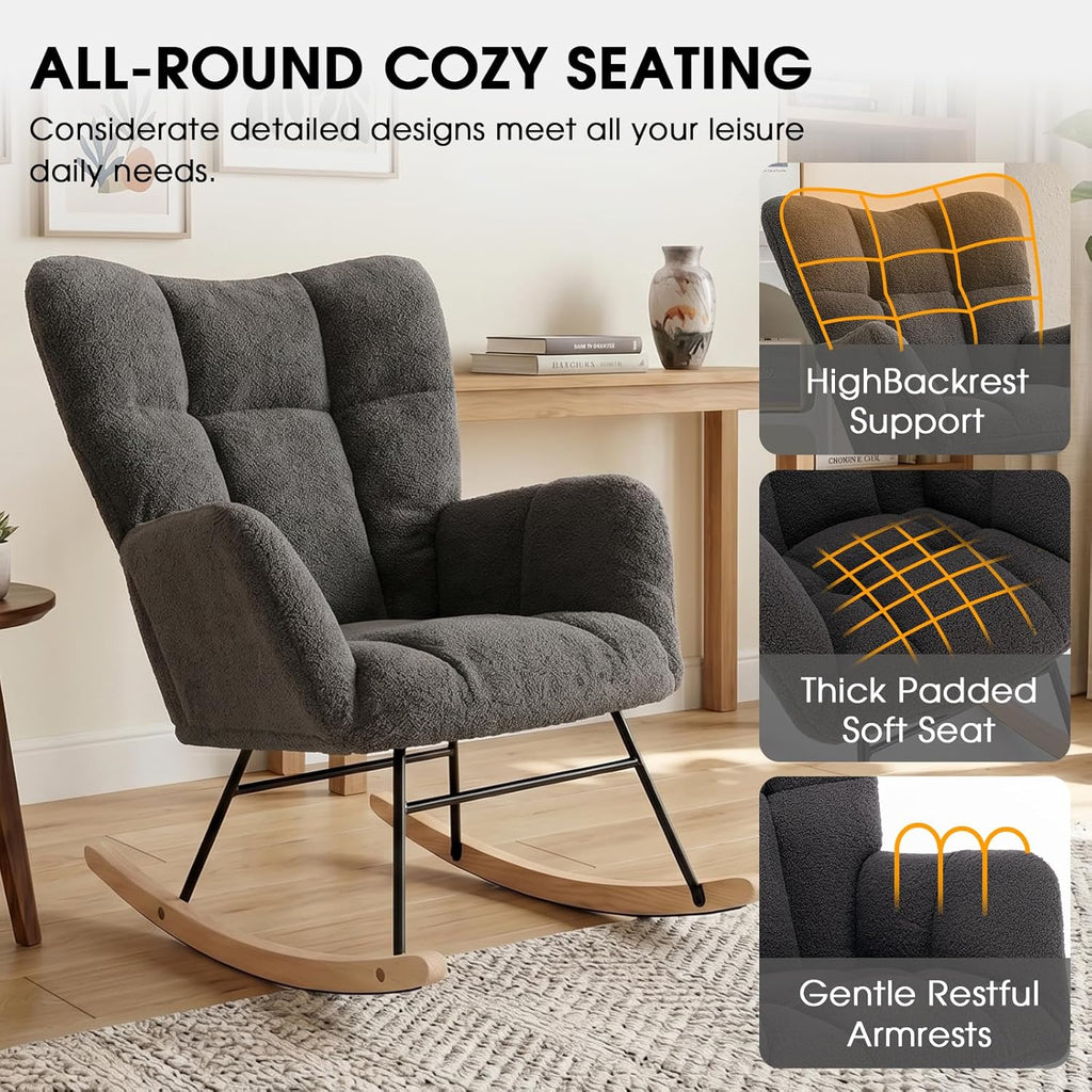 Rocking Chair Nursery, Teddy Upholstered Rocker Glider Chair with High Back, Rocker Recliner with Armrest, Gliding Chair with Thick Cushion, Accent Reading Chair for Bedroom (Dark Grey)