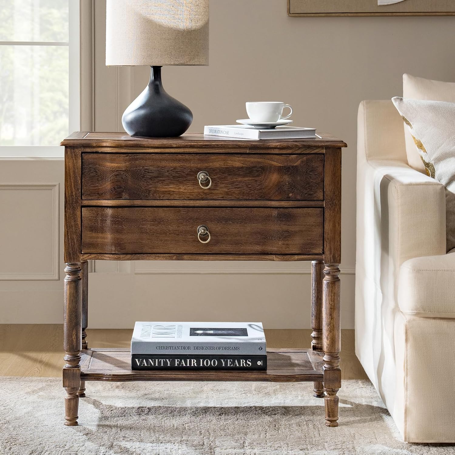 HULALA HOME End Table with Charging Station, Solid Wood Side Table with 2 Drawers & Open Shelf, Vintage Finish, Spindle Legs(Walnut)