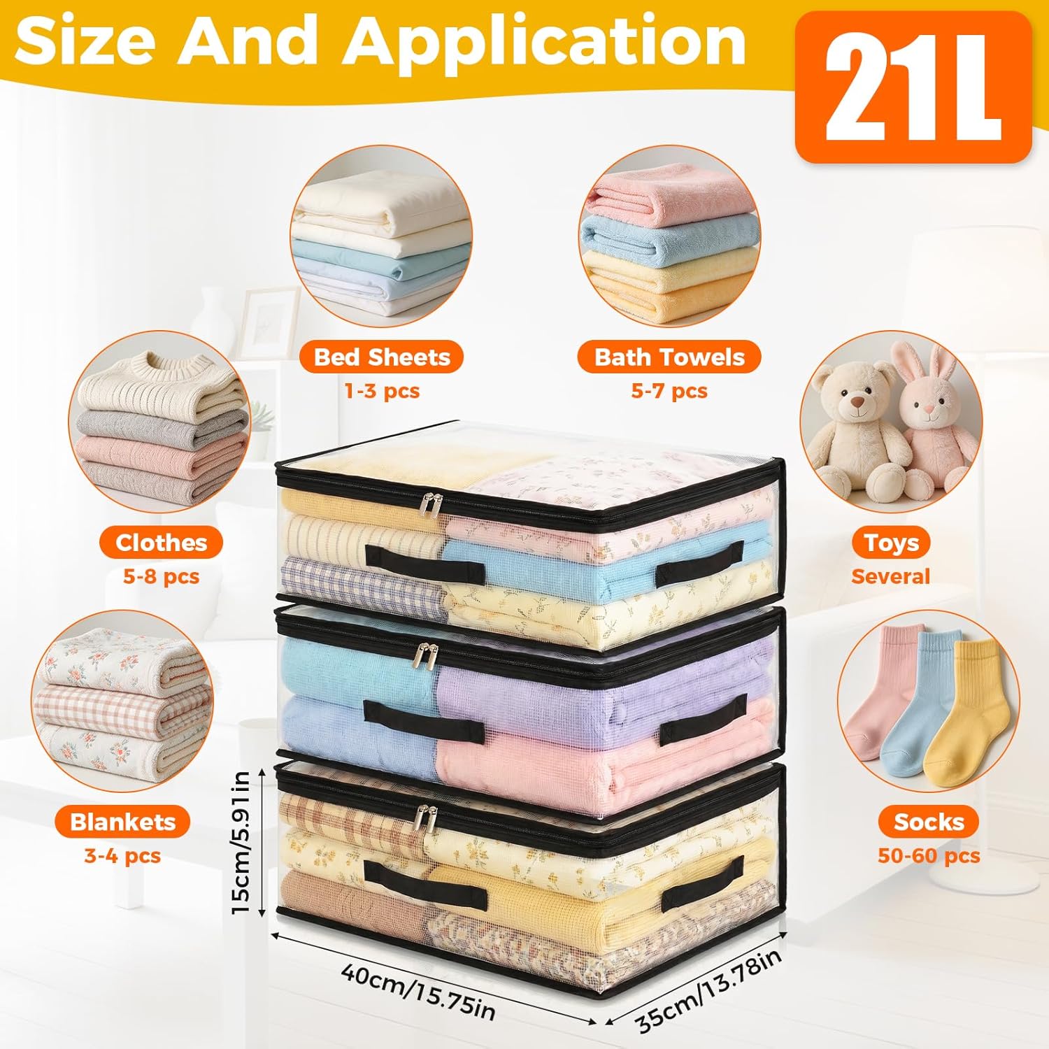 10Pcs Clear Storage Bags With Zippers and 3 Handles, 21L Plastic Clothes Blanket Storage Bags and Under Bed Storage Organizers for Sheets Bedding Comforter Linen Sweaters Toys, 15.7x13.8x5.9In