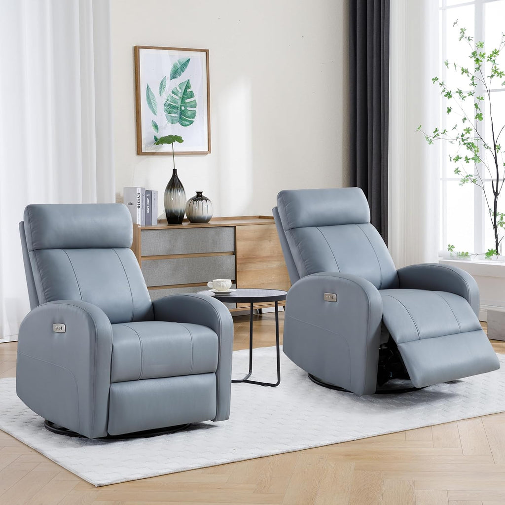 Power Swivel Rocker Recliner, Faux Leather Rocking Recliner Chair with USB Port, Swivel Glider Reclining Chair Nursery Recliners for Living Room, Blue