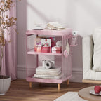 SYKIARIOL Kids Nightstand for Girls, 3-Tier Storage Shelf, Pink | Metal Bedside Table with 4 Hooks & Hanging Basket, Toddler Night Stand for Bedroom