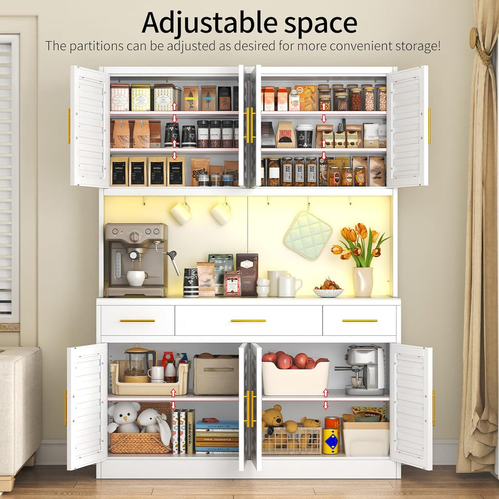 52" Wide Kitchen Pantry Cabinet with 6 Adjustable Shelves, 71" Tall Large Capacity Kitchen Hutch Storage Cabinet with Microwave Stand, 3 Storage Drawers for Dining Room, Kitchen, White